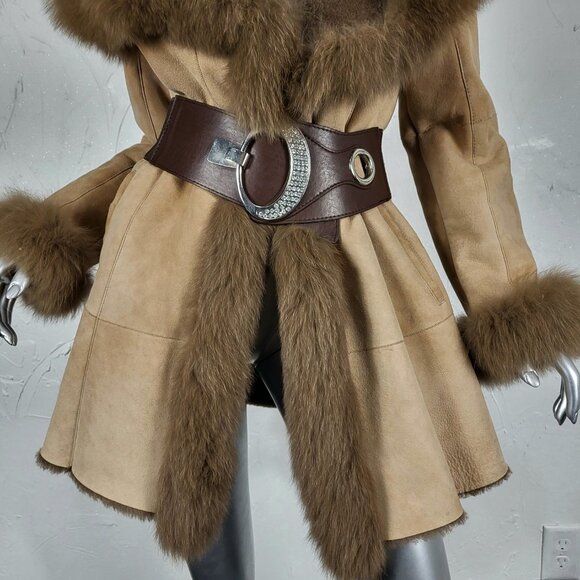 LUOLAIMA~S/M~BROWN GENUINE SHEARLING REAL FOX FUR SUEDE LEATHER COAT JACKET - Picture 3 of 16